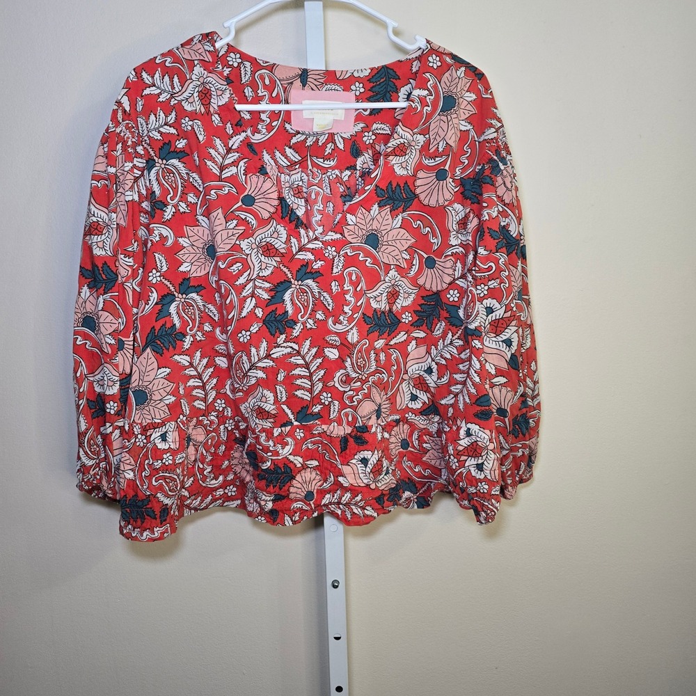 Maeve Anthropologie Red Floral V-Neck Peasant Blouse Long Sleeve Top Medium